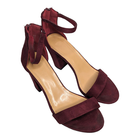 Faux Suede Women's Size 7 Burgundy Ankle Strap Open Toe Sandals Chunky Heels - Picture 4 of 6